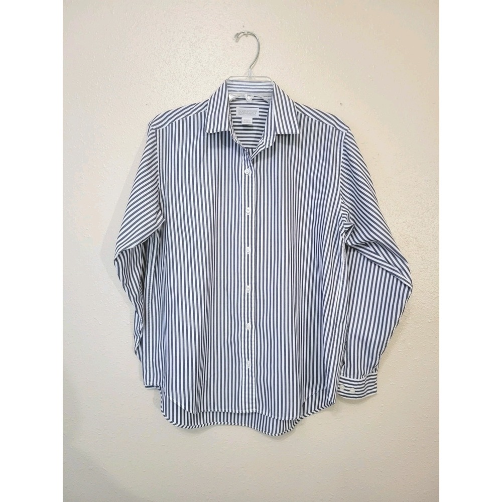 Lands' End Women's Button Down Gray White Stripe Shirt Career Casual Top Sz 14
